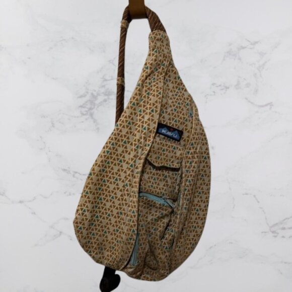 Kavu Handbags - KAVU Rope Sling Bag - Beige Teal/Brown Triangle Geometric